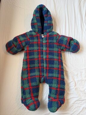 Cozy Plaid Sherpa Baby One-Piece Hooded Snowsuit - Green & Blue